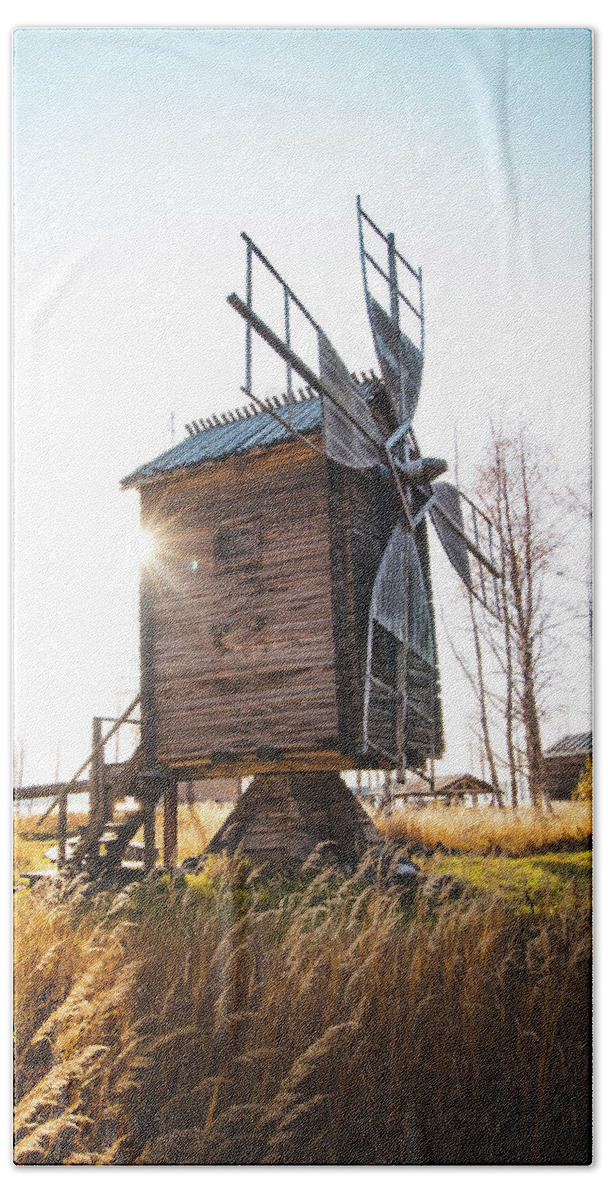 Medieval Hand Towel featuring the photograph Small wooden mill with beautiful sun star by Vaclav Sonnek
