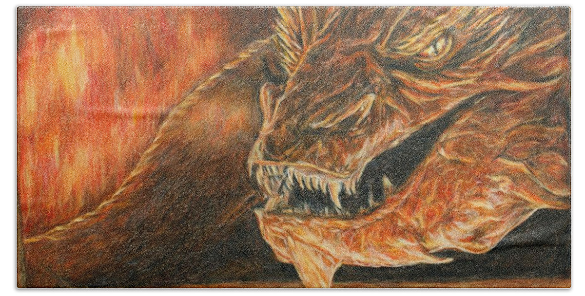 Dragon Hand Towel featuring the drawing Smaug the Dragon by Christine Jepsen