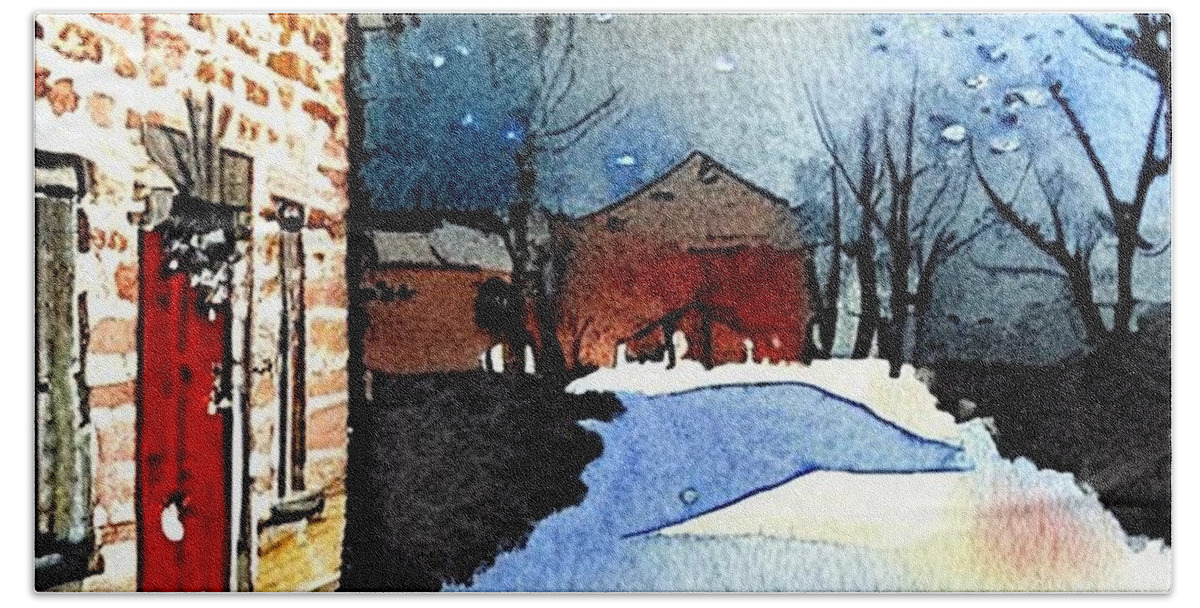 Waterloo Village Hand Towel featuring the painting Smith's Store Waterloo Village, Morris Canal, In Winter by Christopher Lotito