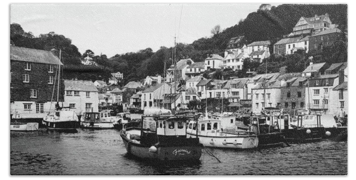 Coast Bath Towel featuring the photograph Smugglers Cove Polperro Fishing Harbour Black and White by Sonny Ryse