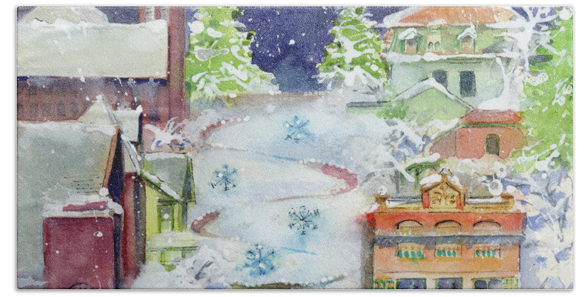 Snake Alley Hand Towel featuring the painting Snake Alley of Burlington Iowa with a dusting of snow by Rebecca Matthews
