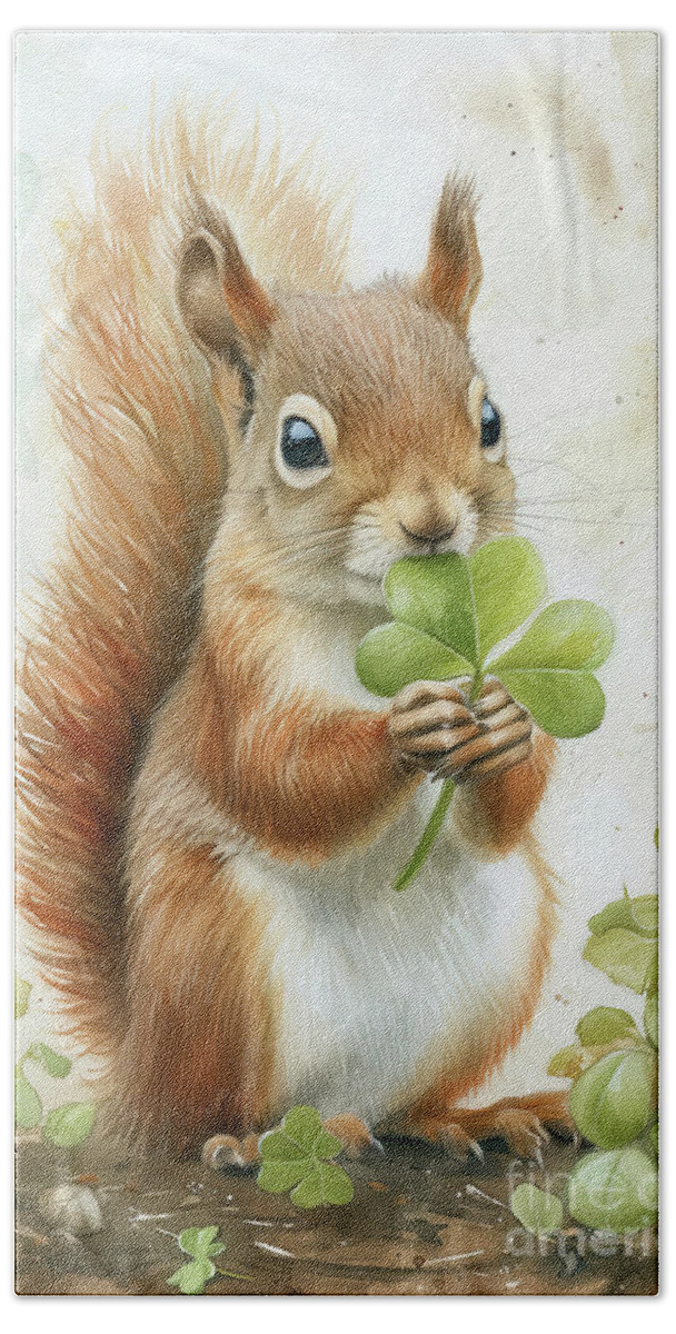 Squirrel Hand Towel featuring the painting Sniffing The Clover by Tina LeCour