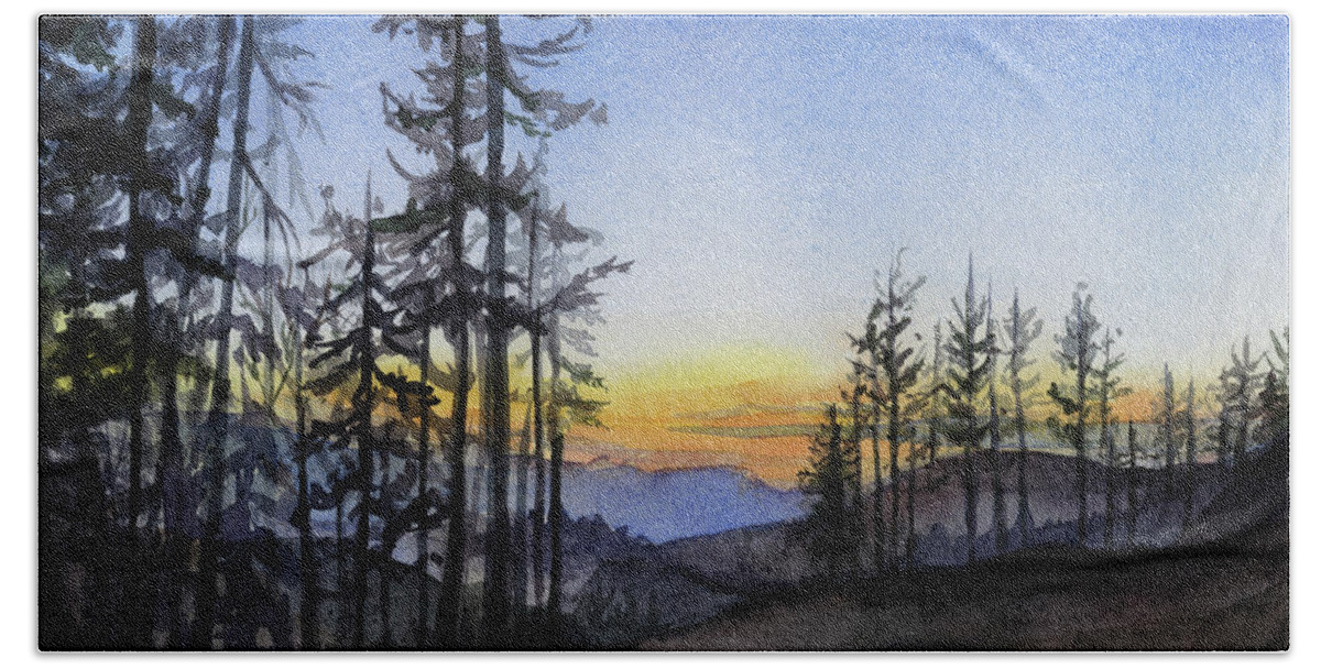 Mountains Hand Towel featuring the painting Snoqualmie River Sunset by Olga Shvartsur