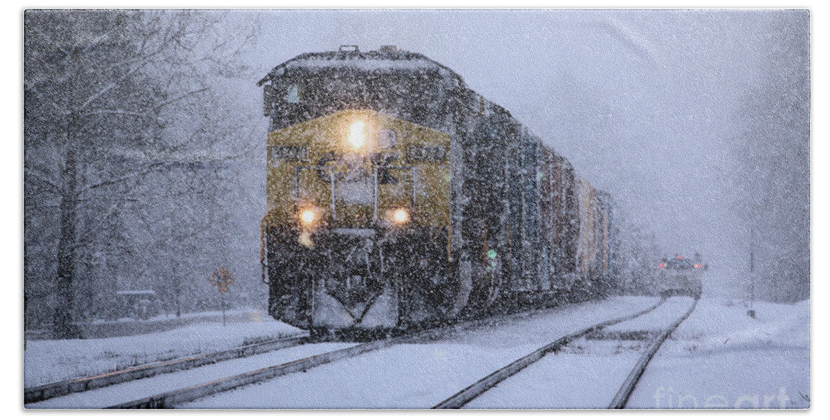 Snow And Trains Hand Towel featuring the photograph Snow and Steel by Rick Lipscomb