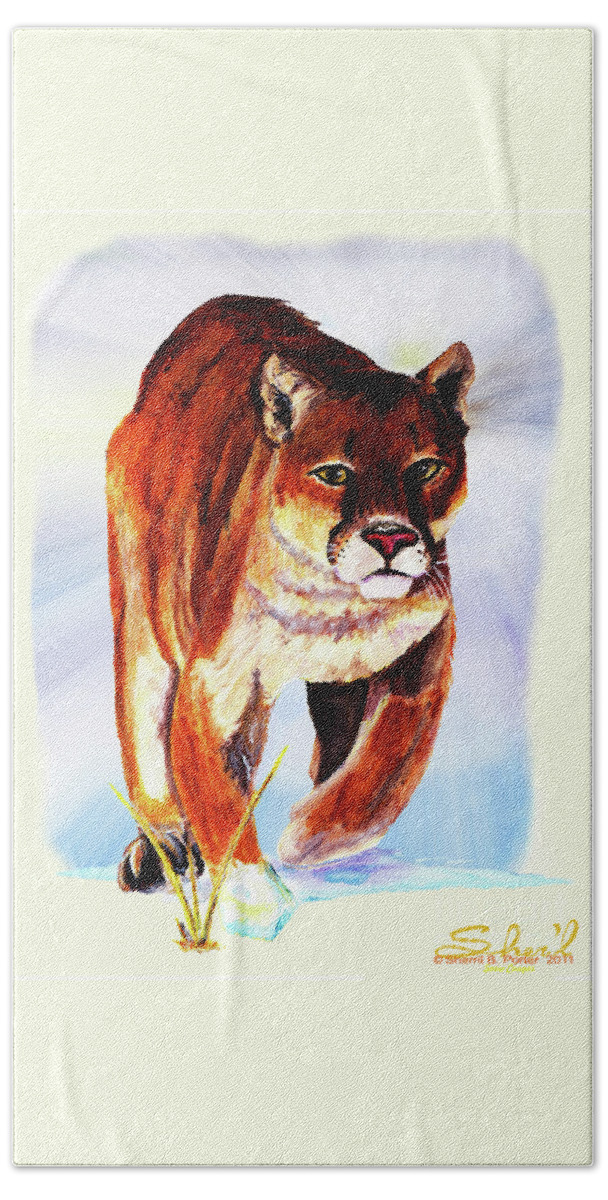 Wildlife Bath Towel featuring the painting Snow Cougar by Sherril Porter