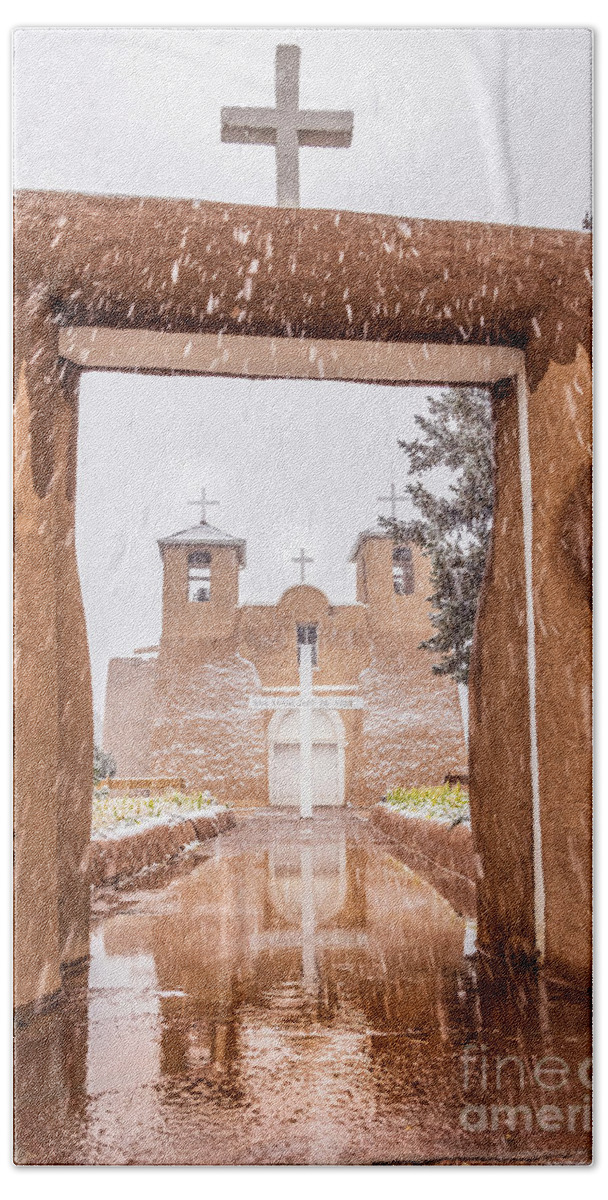 Taos Bath Towel featuring the photograph Snow Day at the St. Francis de Asis Church by Elijah Rael