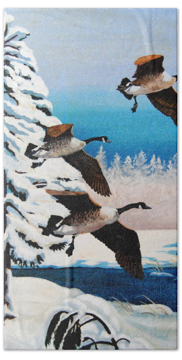 Nature Bath Towel featuring the painting Snow Geese by Vallee Johnson