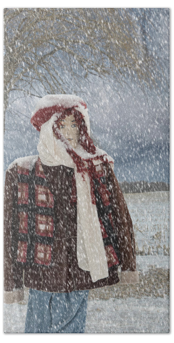 Snow Bath Towel featuring the mixed media Snow Girl by Moira Law
