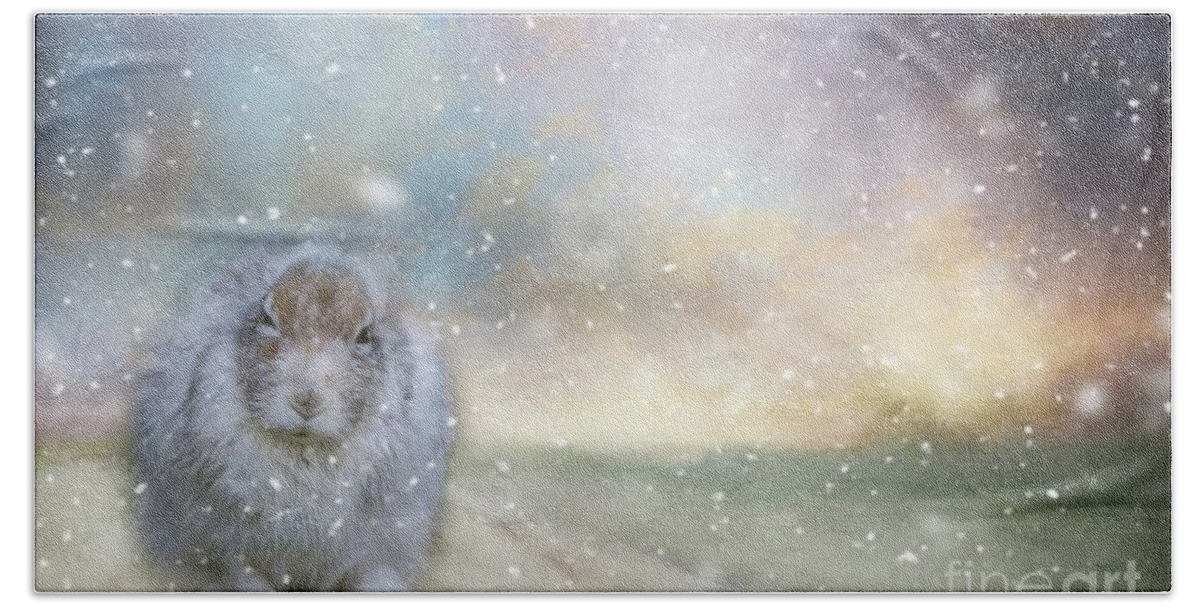 Snow Hare Hand Towel featuring the mixed media Snow Hare in a Snow Storm by Eva Lechner