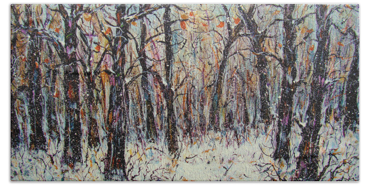 Landscape Hand Towel featuring the painting Snowing In The Forest by Natalie Holland