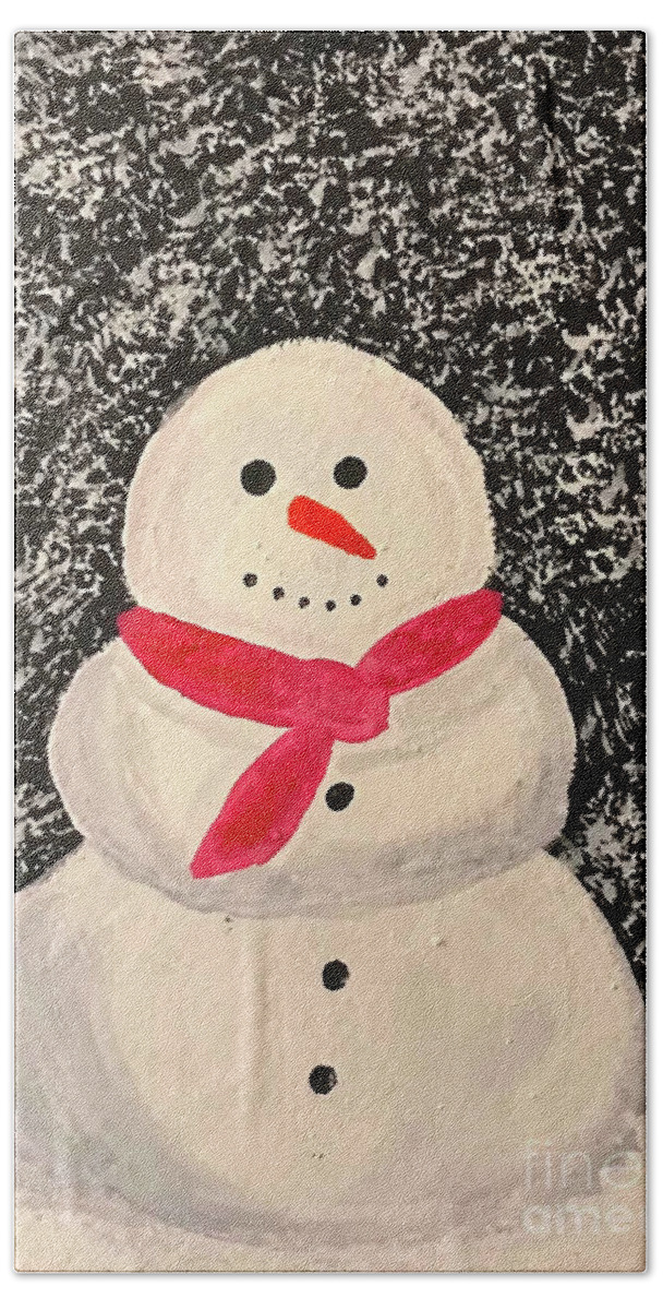 Snowman Bath Towel featuring the mixed media Snowman with Red Scarf by Lisa Neuman