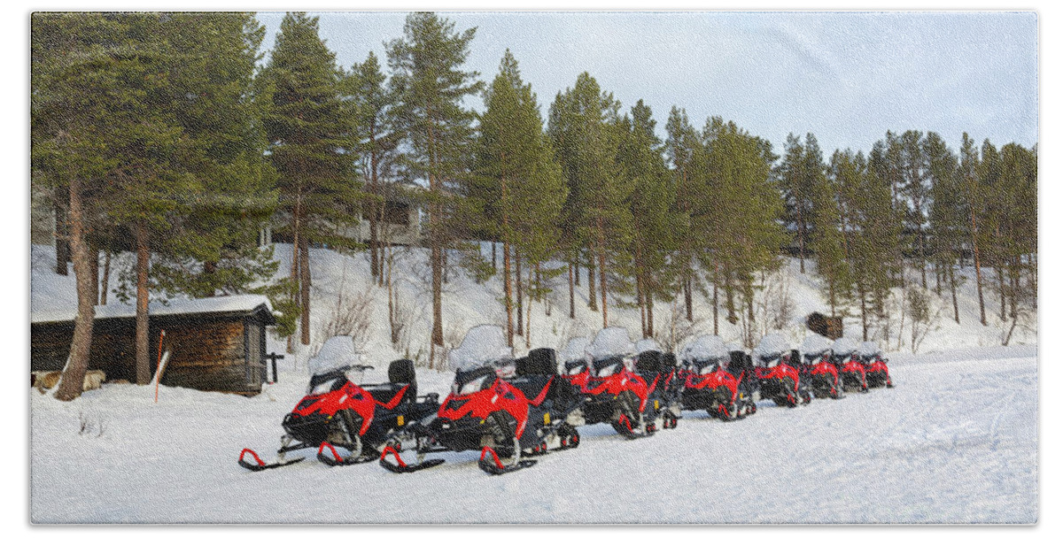 Snowmobile Hand Towel featuring the photograph Snowmobiles by Eva Lechner