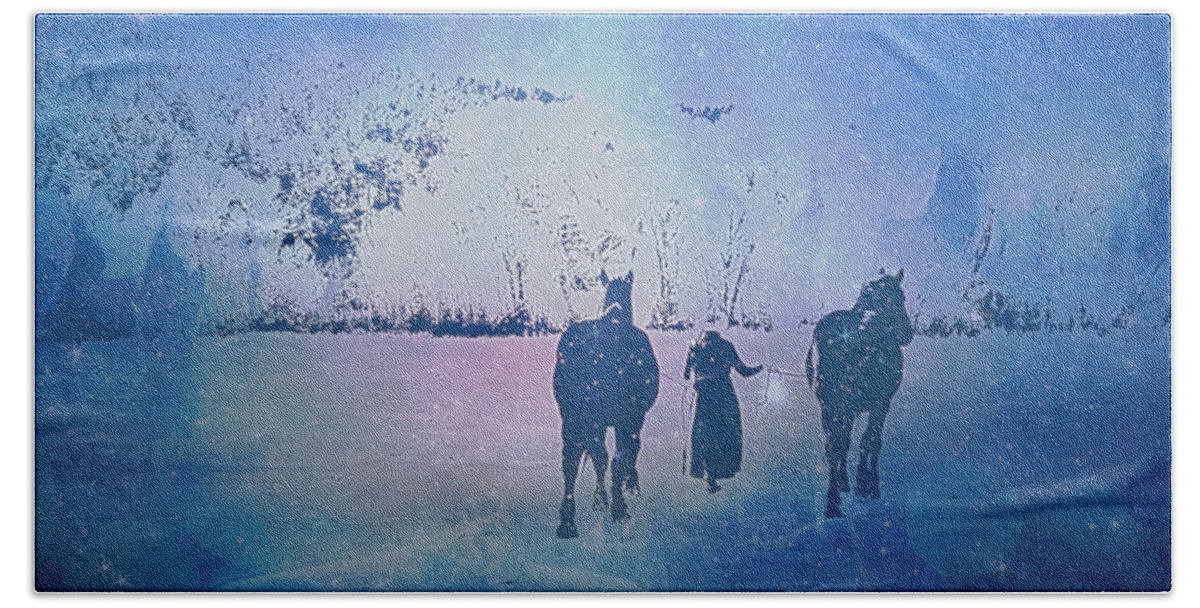 Snow Scene Bath Towel featuring the mixed media Snowy Evening by Anastasia Savage Ealy
