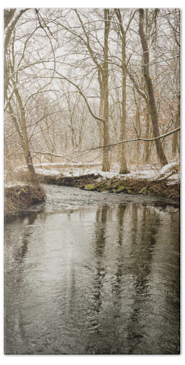 Blackwell Forest Preserve Bath Towel featuring the photograph Snowy Midwest Stream Portrait by Joni Eskridge