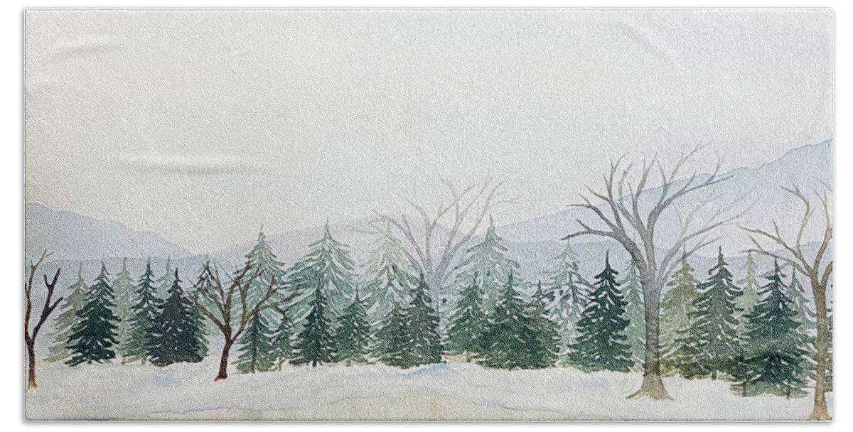 Snow Bath Towel featuring the painting Snowy Mountain Lake by Lisa Neuman