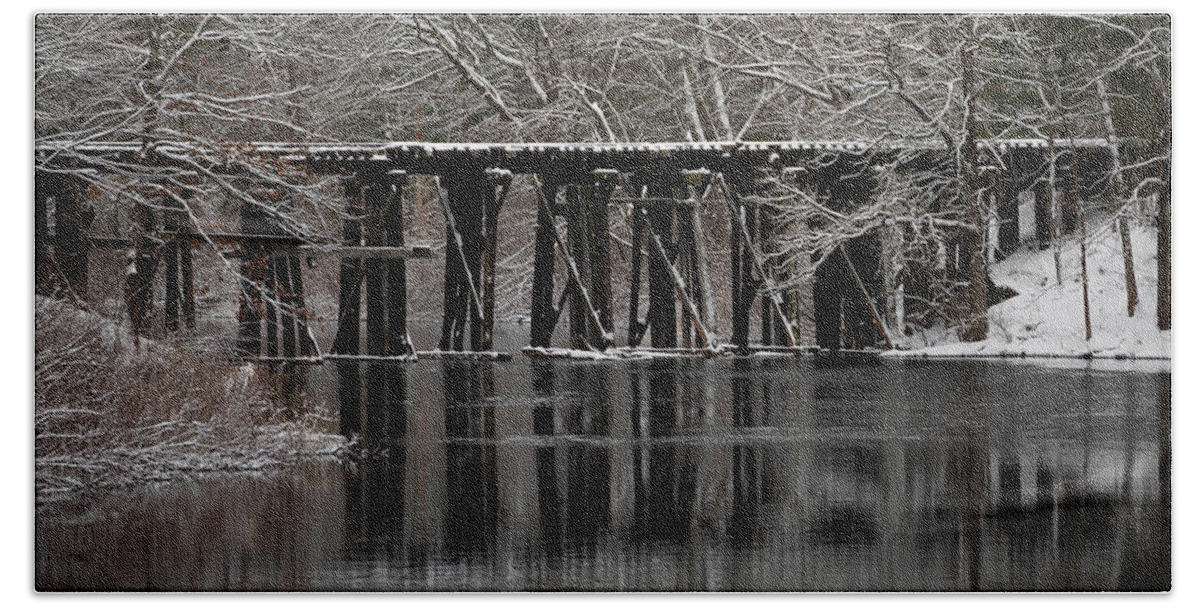 Railroad Bath Towel featuring the photograph Snowy old rail bridge by Denise Kopko