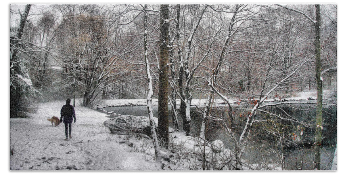 Snow Bath Towel featuring the photograph Snowy Walk by the Pond by Russel Considine