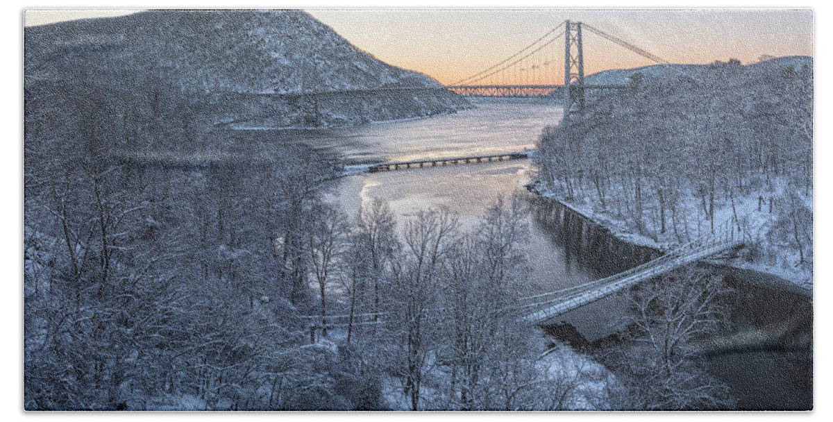 Winter Hand Towel featuring the photograph Snowy Winter Dawn At Three Bridges by Angelo Marcialis