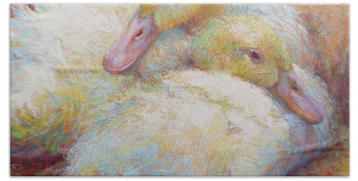 Duck Hand Towel featuring the pastel Snuggle Ducks by Rita Kirkman