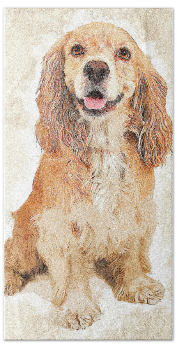 Cocker Bath Towel featuring the painting So Cute and Hot, Cocker Spaniel Dog by Custom Pet Portrait Art Studio