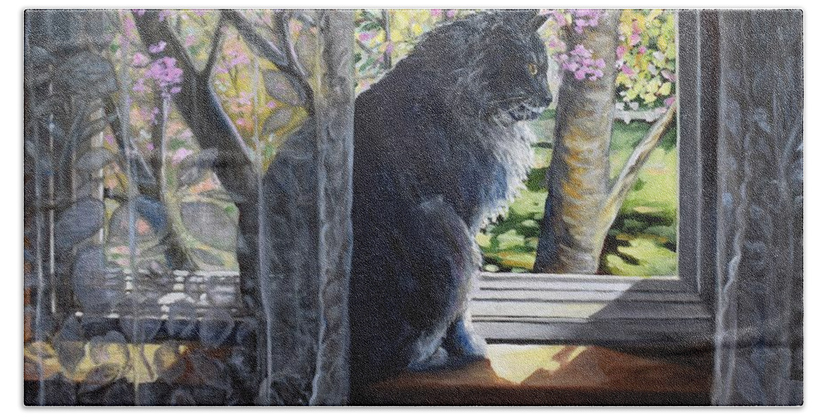 Cat Hand Towel featuring the painting Soaking Up The Spring Sun by Eileen Patten Oliver
