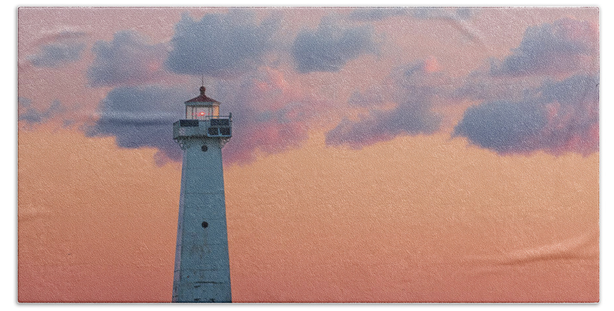 America Hand Towel featuring the photograph Sodus Bay Lighthouse at dawn. by Kyle Lee