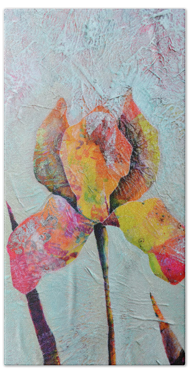 Iris Hand Towel featuring the painting Solo Iris II by Shadia Derbyshire