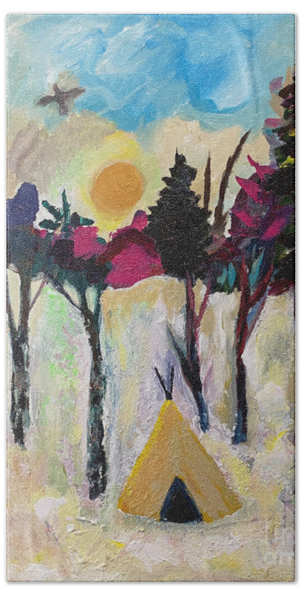 Woods Bath Towel featuring the painting Some Warmth in Winter by Judy Dimentberg