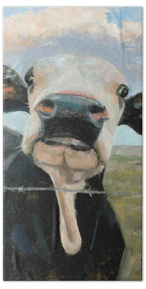 Cow Hand Towel featuring the painting Something in the way she Moos by Billie Colson