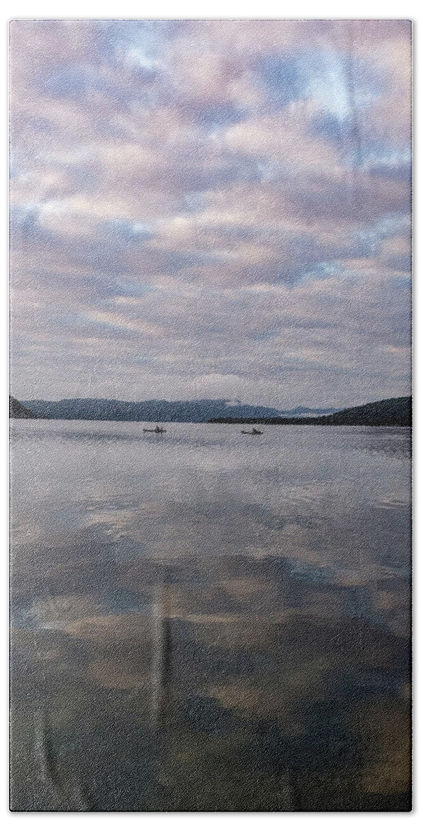 Water Lake Lake George New York Adirondack Mountains Kayaking Kayak Kayaks Wilderness Scenery Scenic Serene Serenity Calm Mood Morning Clouds Sunrise Reflection Heaven Earth Bath Towel featuring the photograph Somewhere between heaven and earth by Bruce Carpenter