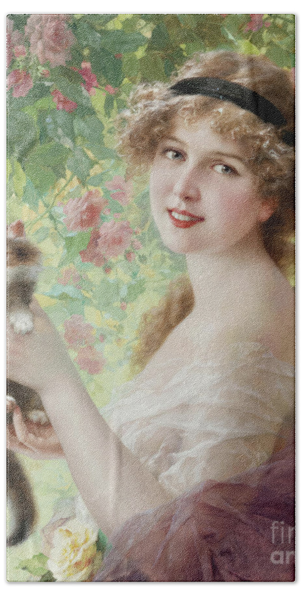 Emile Vernon Hand Towel featuring the painting Son Petit Chaton by Emile Vernon by Tina LeCour