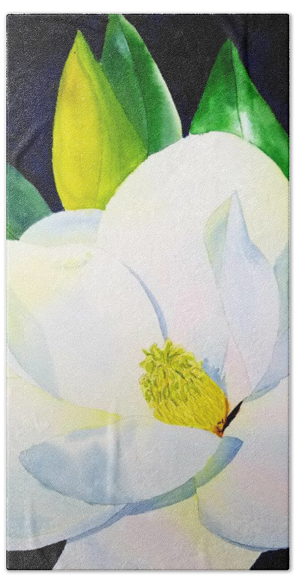 Southern Magnolia Bath Towel featuring the painting Southern Magnolia by Ann Frederick