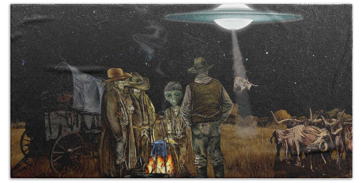 Space Bath Towel featuring the mixed media Space Cowboys by Doug LaRue