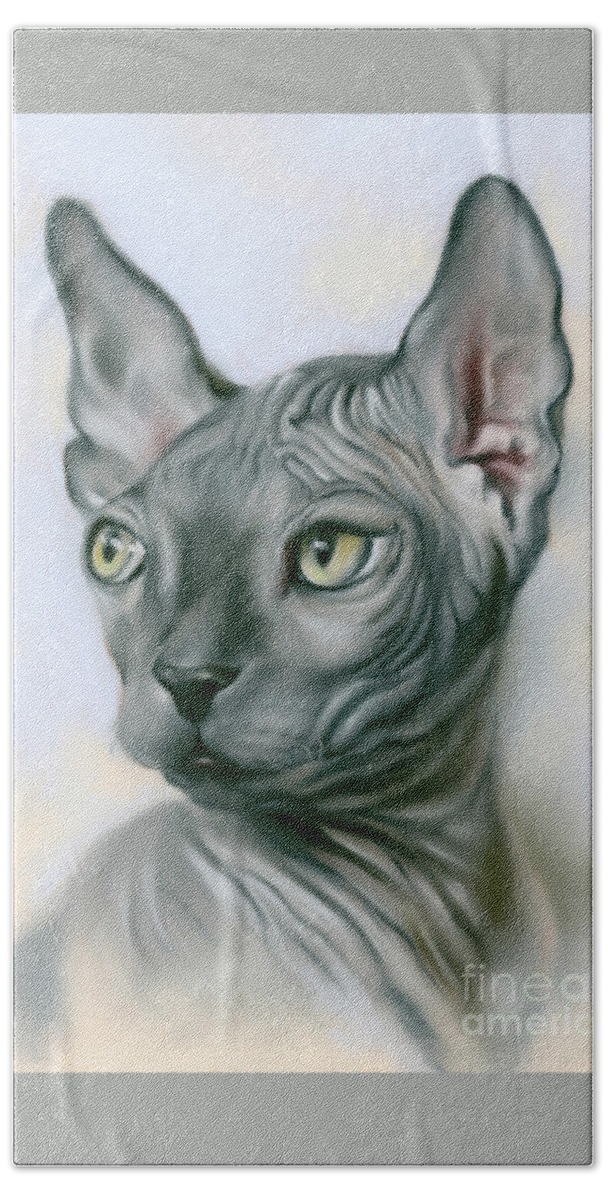 Cat Bath Towel featuring the painting Sphynx Cat Portrait Gray by MM Anderson