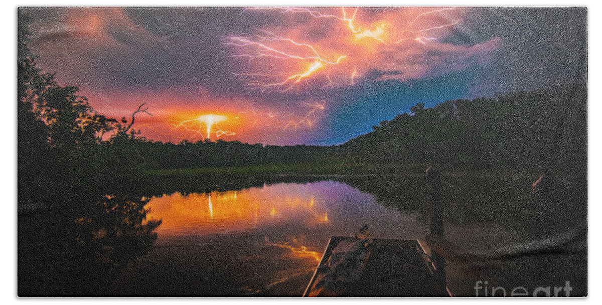 Spider Lightning Bath Towel featuring the photograph Spider Lightning Reflected on Little Hunting Creek at Night by Jeff at JSJ Photography