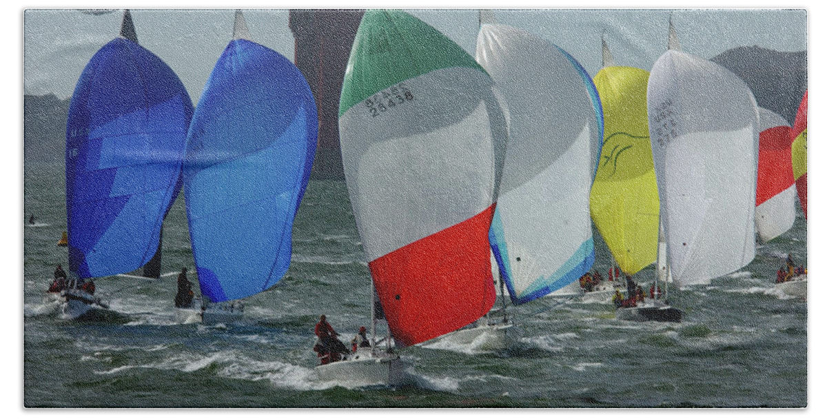 Spinnakers Hand Towel featuring the photograph Spinnakers Under the Golden Gate by Bonnie Colgan