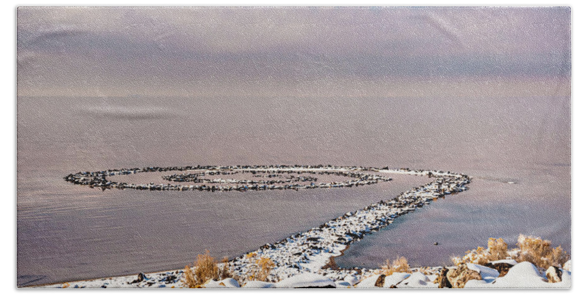 Spiral Jetty Bath Towel featuring the photograph Spiral Jetty by Bryan Carter