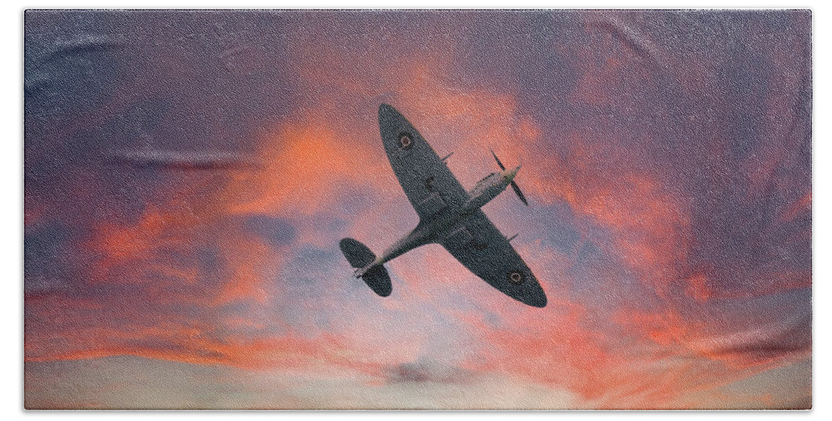 Eastbourne International Airshow Bath Towel featuring the photograph Spitfire flying at sunset by Andrew Lalchan