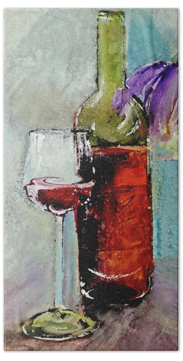 Splattered Bath Towel featuring the painting Splattered Wine With A Flower by Lisa Kaiser