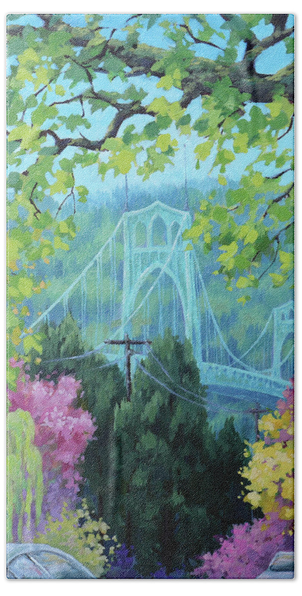 Portland Hand Towel featuring the painting Spring Bridge by Karen Ilari