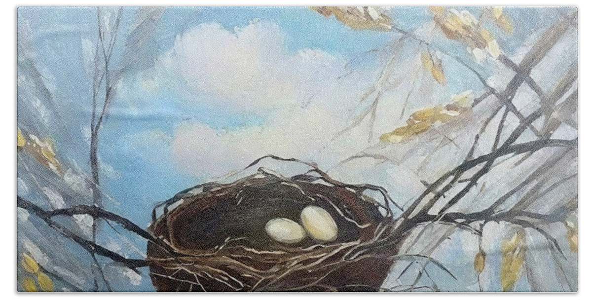  Hand Towel featuring the painting Spring day Painting spring nature nest eggs tree sky landscape a by N Akkash