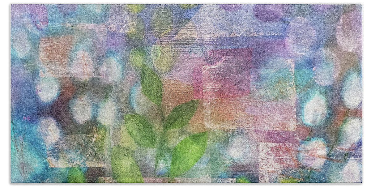 Flower Hand Towel featuring the mixed media SPRING GARDEN Abstract Collage in Aqua Pink Purple Green by Lynnie Lang