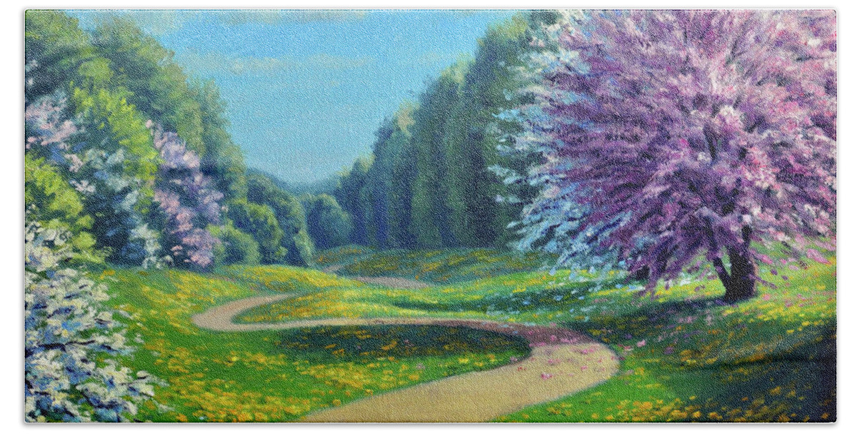 Landscape Hand Towel featuring the painting Spring Trail by Rick Hansen