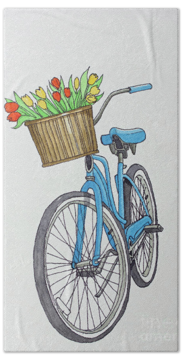 Spring Tulip Bike A Pen & Ink Watercolor Painting By Norma Appleton Hand Towel featuring the painting Spring Tulip Bike by Norma Appleton