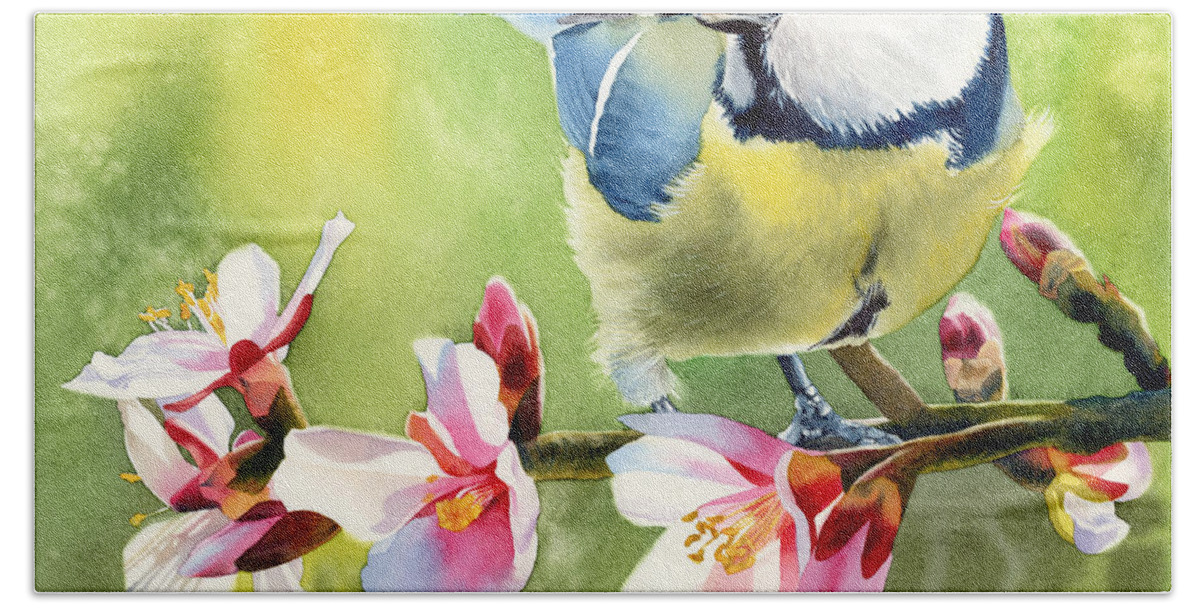 Blue Tit Bath Towel featuring the painting Spring Twittering by Espero Art