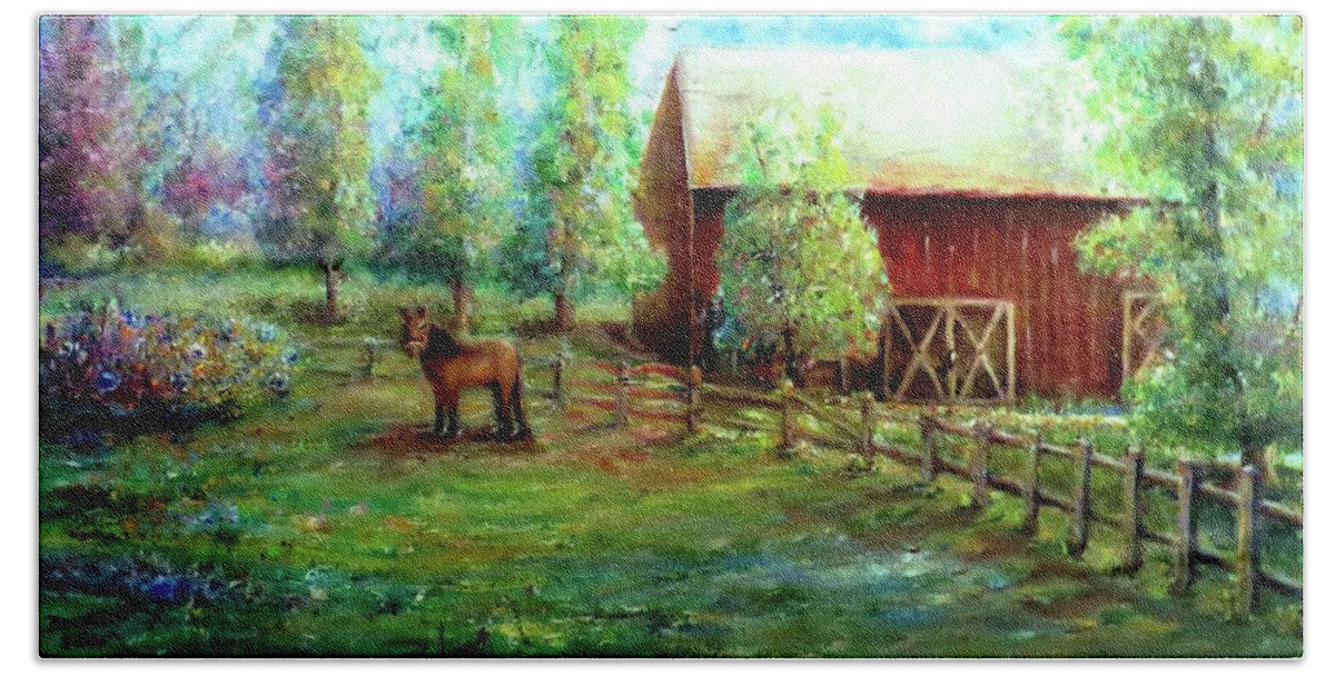 Horse Bath Towel featuring the painting Springborn Horse Farm by Bernadette Krupa