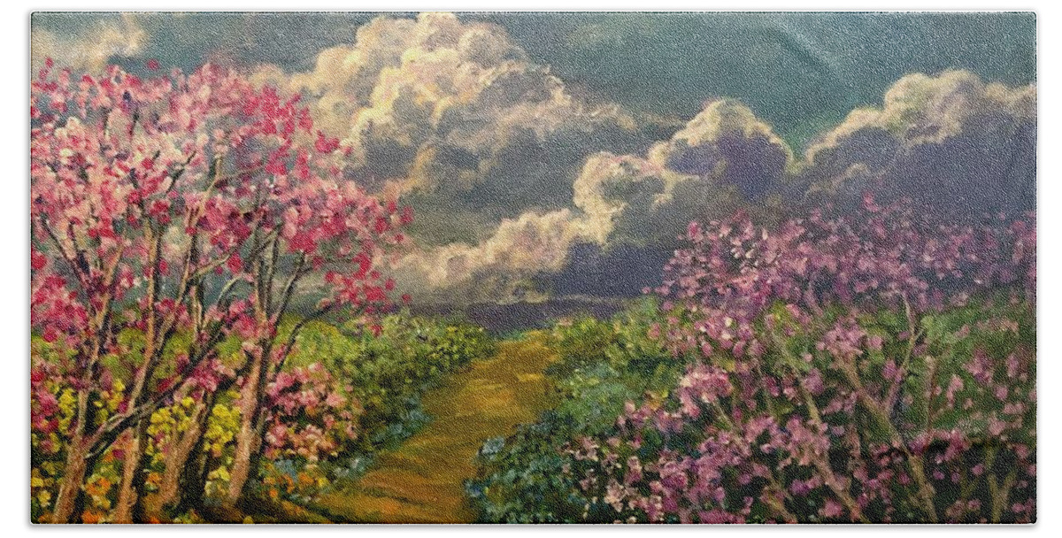 Springtime Bath Towel featuring the painting Springtime. Earth's Renewal by Rand Burns