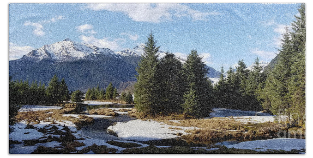 #alaska #ak #juneau #cruise #tours #vacation #peaceful #sealaska #southeastalaska #calm #mendenhallglacier #glacier #capitalcity #dredgelakes #forrest #stream #hike #hiking #snow #cold #clouds #spring #mtmcginnis #panorama #sprucewoodstudios Bath Towel featuring the photograph Springtime Glacier Obscured by Charles Vice