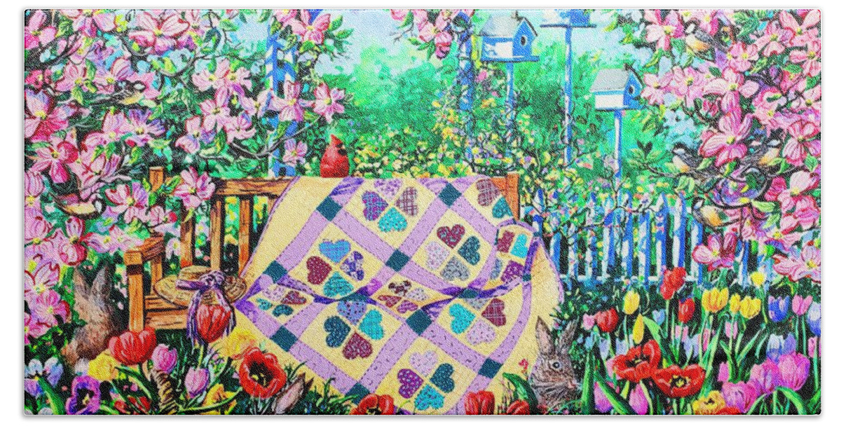 Garden Bench Hand Towel featuring the painting Springtime Hearts and Flowers by Diane Phalen