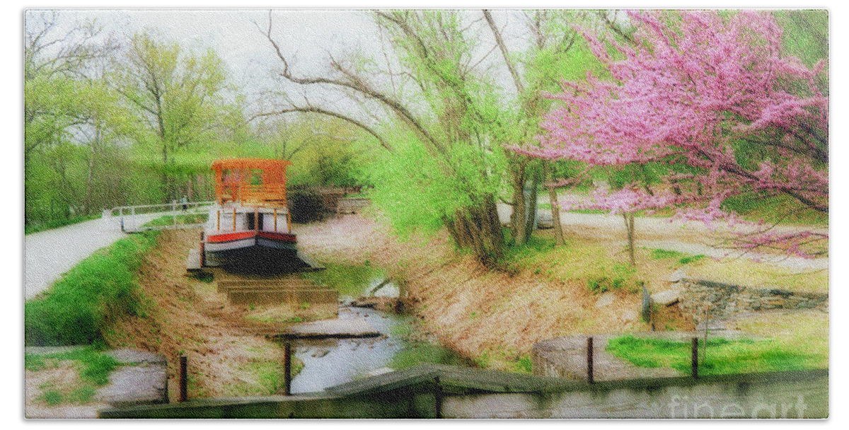 Canal Barge Bath Towel featuring the photograph Springtime on the Canal - A Potomac Impression by Steve Ember